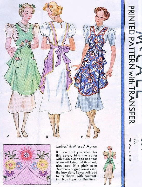 RARE 1930s Beautiful Full Bib Apron Pattern McCALL 504 Very Pretty Styles Includes Embroidery Transfer Size Small 14-16 Vintage Aprons Sewing Pattern
