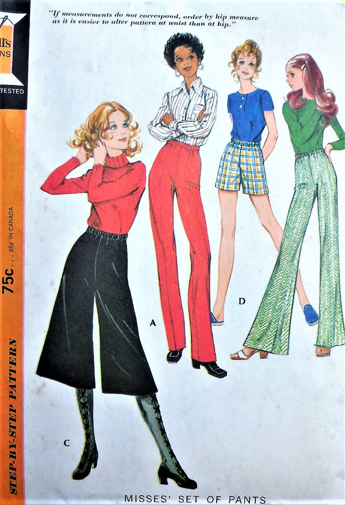 RETRO 70s High Waist Shorts Wide Leg Pants Midi Culottes Gauchos Slim Leg Pants Pattern McCALLS 2721 Waist 27 Vintage Sewing Pattern