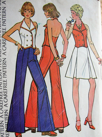 FAB McCalls 3570 Halter Style Coordinates Double Breasted Halter Top or Vest, Wide Leg High Waist Fitted Trousers Fitted Pleated Above Knee Skirt Bust 38 Vintage Sewing Pattern UNCUT