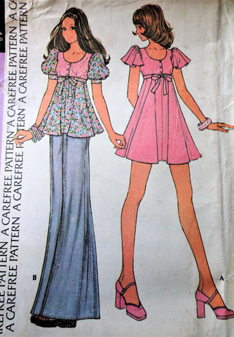 1970s CUTE Flared High Waisted Top or Mini Dress Pattern McCALLS 3682, Two Sleeve Styles, Perfect Jeans Top, Bust 34 Easy Vintage Sewing Pattern