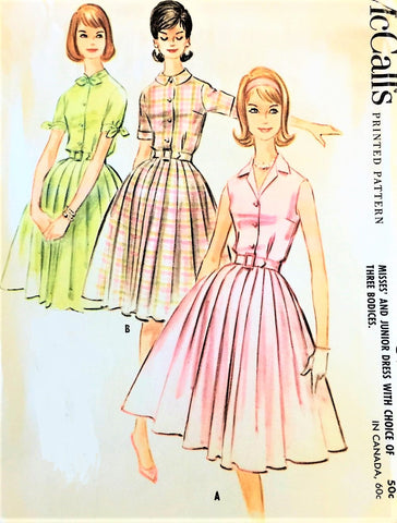 1960s McCALLS 5774 Shirtwaist Dress Pattern Three Pretty Bodice Versions Bust 35 Vintage Sewing Pattern