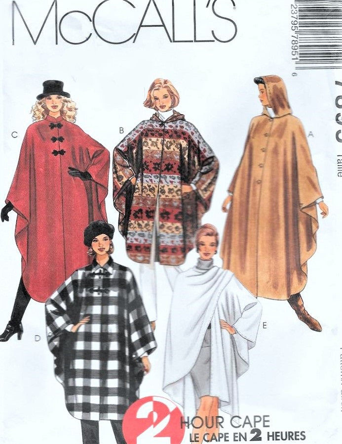 Easy Cape or Wrap Pattern, 2 Hour McCalls 7895, Curved Hem, Button Front with Hood or Collar Options, Day or Evening Styles Bust 40-44 UNCUT Vintage Sewing Pattern