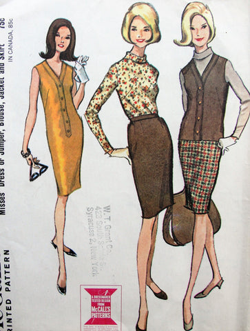 1960s Dress or Jumper,Blouse,Jacket and Skirt Pattern McCalls 7900 V Neck Dress or Jumper,Bias Collar Blouse,Slim Skirt Bust 36 Vintage Sewing Pattern FACTORY FOLDED