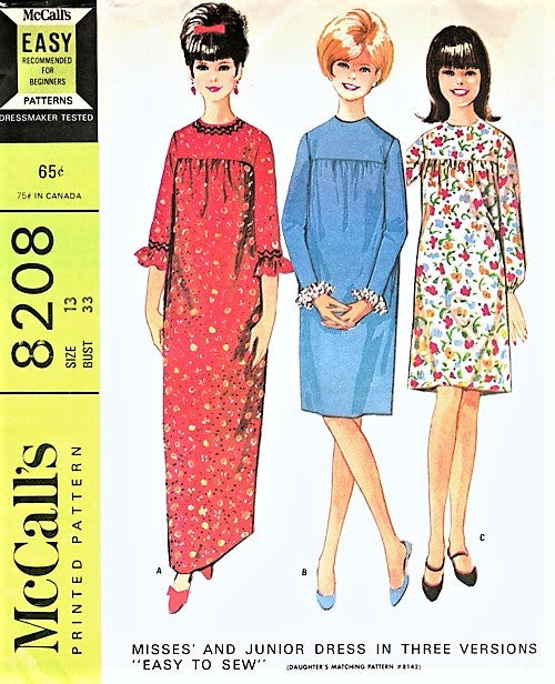 CUTE 1960s GRANNY Gown Dress Pattern McCALLS 8208 Three Versions EASY to Sew Bust 30 Vintage Sewing Pattern UNCUT