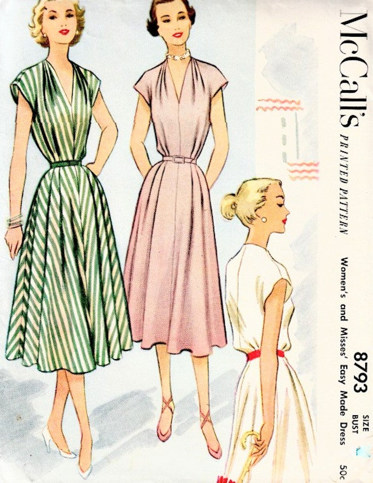 1950s LOVELY Summer Dress Pattern McCalls 8793 V Neck Dress,Front Pleated Skirt,Bust 30 Vintage Sewing Pattern