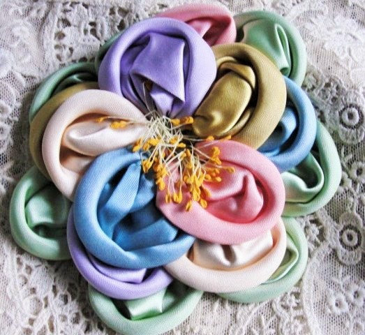 Authentic ANTIQUE French RIBBONWORK Large Rosette Flower Flowers 20s Flapper Floral Millinery Hats Bridal Wedding Downton Abbey Era