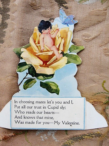 SWEET 1920s Cupid Butterfly Rose VALENTINE Card Vintage Valentines Day Greeting Card