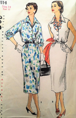 1950s CLASSY Slim Dress Pattern SIMPLICITY 1114 Day or After 5 Shirtdress Simple To Make Bust 32 Vintage Sewing Pattern