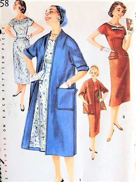 50s CHIC Dress with Detachabled Neck and Sleeve Trim, Coat Vintage Simplicity Pattern 1458 Bust 31 Vintage Sewing Pattern