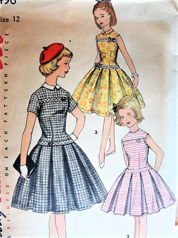 50s LOVELY Girls Dress Pattern SIMPLICITY 1496 Drop Waist Party Dress Detachable Collar Size 7 Vintage Childrens Sewing Pattern