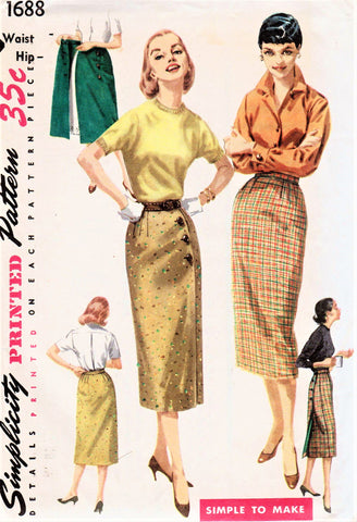 50s CLASSY Slim Wrap Around Skirt Pattern SIMPLICITY 1688 Simple To Make Whiz-Wrap Waist 25 Vintage Sewing Pattern