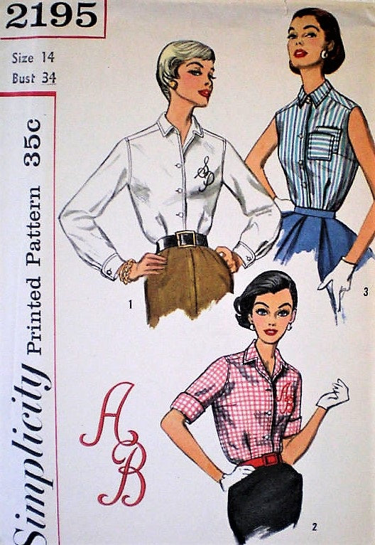 50s CLASSIC Tailored Blouse Pattern SIMPLICITY 2195 Bust 34 Vintage Sewing Pattern Includes ALPHABET TRANSFER