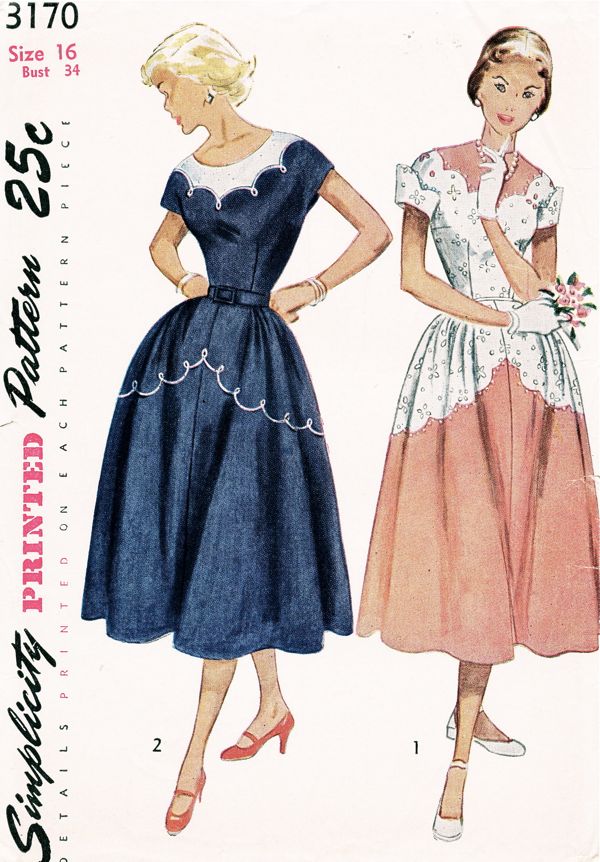 1950s LOVELY Day or Party Dress Pattern SIMPLICITY 3170 Pretty Full Skirt Dress With Scallop Details Bust 34 Vintage Sewing Pattern FACTORY FOLDED