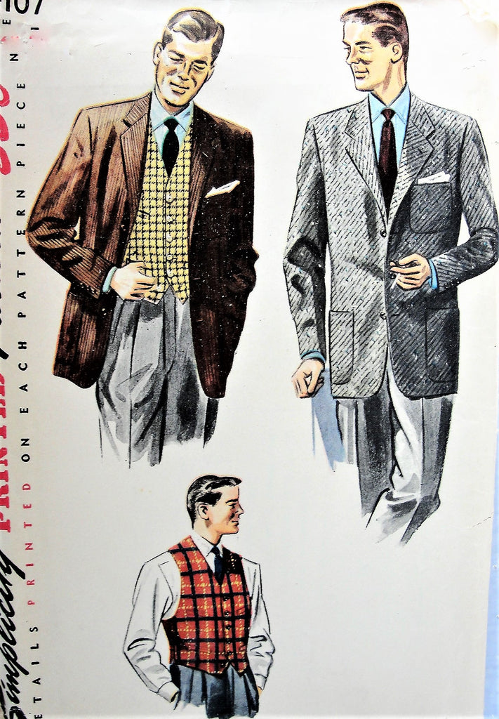 50s Vintage HANDSOME Men's Vest and Jacket Simplicity 4107 Sewing Pattern Chest 36