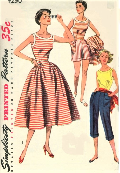 50s FAB Weekend Wear Pattern SIMPLICITY 4290 Travel or Beachwear Scoop Neck Blouse,Full Skirt,High Waist Shorts and Pedal Pushers Bust 34 Vintage Sewing Pattern