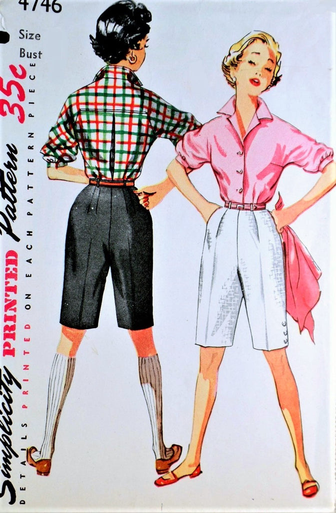 50s CLASSIC High Waist Bermuda Walking Shorts,Doris Day Style Blouse Pattern SIMPLICITY 4746 Figure Flattering Casual Beach Resort Wear Bust 33 Vintage Sewing Pattern