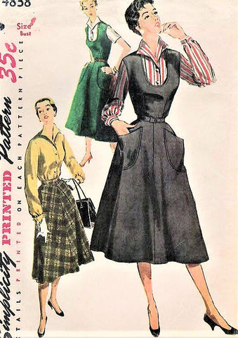 50s CLASSIC Rockabilly Jumper Dress, Blouse and Skirt Pattern SIMPLICITY 4838 Wing Collar Blouse, U Neck Jumper, Flared Skirt Bust 36 Vintage Sewing Pattern