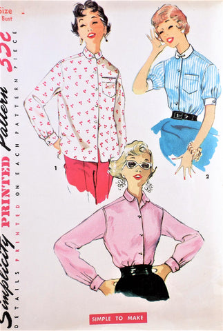 CUTE 1950s Shirt Blouses Pattern SIMPLICITY 4854 Three Styles Secretary Shirt, Puffy Sleeve, Peter Pan Short Sleeve Vintage Sewing Pattern
