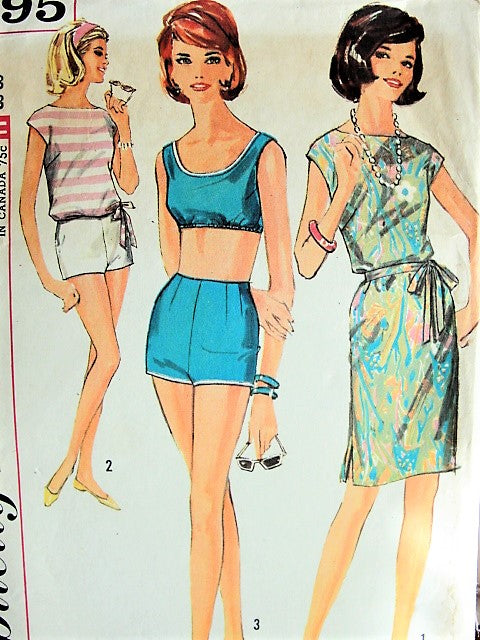 1960s BEACHWEAR Pattern Simplicity 4995 Two Pc High Waist Swimsuit, Bra Top, Shorts,Beachdress or Overblouse Coverup  Bust 33 Vintage Sewing Pattern