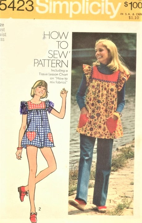 CUTE Retro 70s Misses' Smock-Top, Pants and Bikini-Shorts SIMPLICITY 5423 How To Sew Vintage Sewing Pattern Lolita Kawaii Bust 34