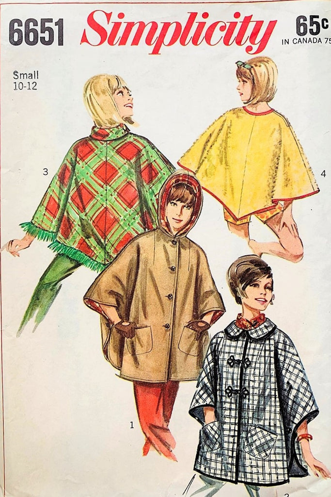 1960s Mod Set of PONCHOS Pattern SIMPLICITY 6651 Four Style Versions of Poncho Coats Jackets Size Small Vintage Sewing Pattern