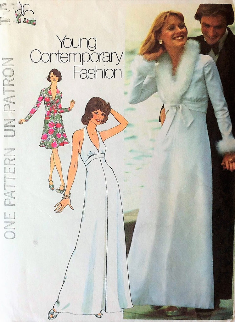 70s LOVELY Plunging Neckline Halter Dress Jacket Evening Gown