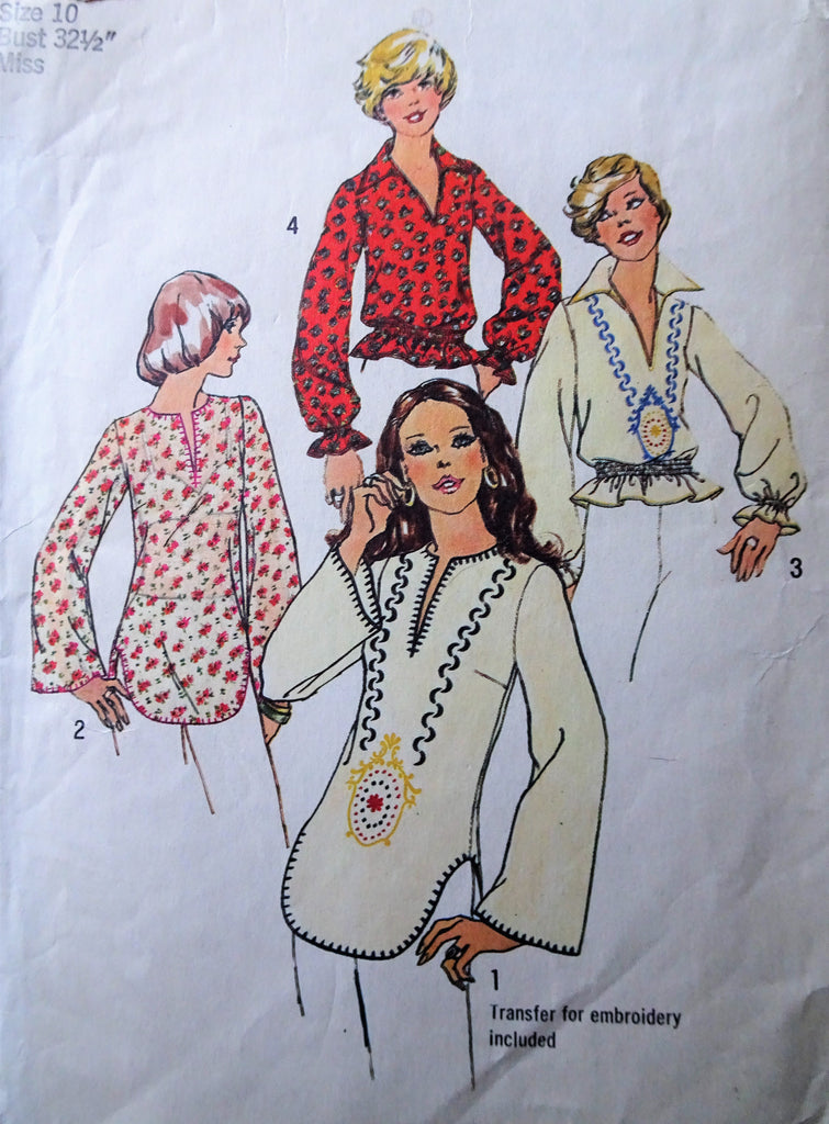 1970s FABULOUS  BoHo Blouse Tops Pattern SIMPLICITY 6777 Four Versions, Includes Embroidery Transfer, Bust32 Vintage Sewing Pattern