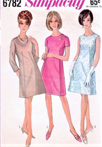 60s CUTE Mod Dress Pattern SIMPLICITY 6782 A Line Shift Day or Cocktail Dress 3 Versions Bust 36 Vintage Sewing Pattern