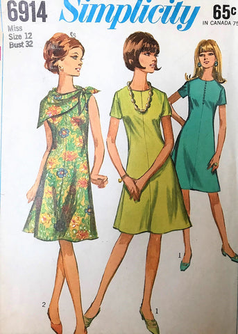1960s Flared A-Line Dress and Scarf Pattern SIMPLICITY 6914 Figure Flattering Style Bust 32 Vintage Sewing Pattern UNCUT