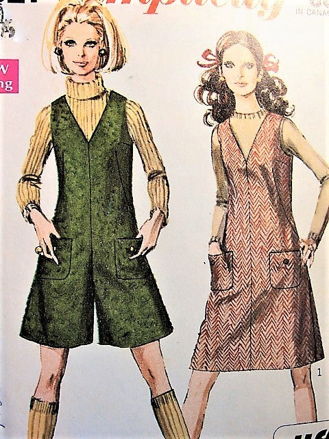 Mod 1960s Simplicity Vintage Pattern 7821 Jiffy Jumper and Mini-Pant Jumper, Culotte Jumper Easy To Sew Bust 36 Vintage Sewing Pattern