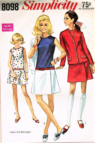 Mod 1960s CUTE Culotte Dress and Jacket Pattern Mini Dress Skort Skirt Scooter Fun Summer Dress or Tennis Simplicity 8098 Bust 31 Vintage Sewing Pattern UNCUT