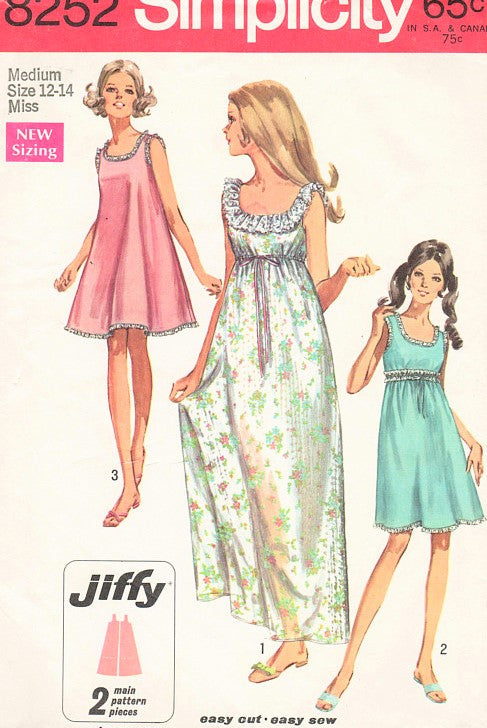 1960s PRETTY Nightgown Pattern SIMPLICITY 8252 Two Lengths 3 Style Versions Bust 34-36 Vintage Sewing Pattern