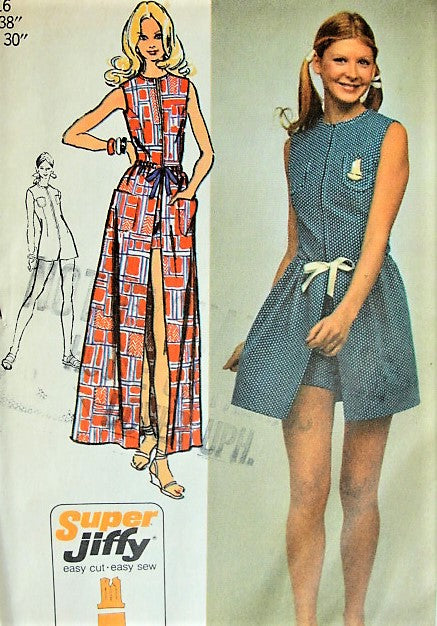 Simplicity 9973 Vintage 70s Sewing Pattern SASSY Mod Super Jiffy Summer Romper, Playsuit, Zipper Front Jumpsuit,Tie On Mini or Maxi Skirt Bust 38 FACTORY FOLDED