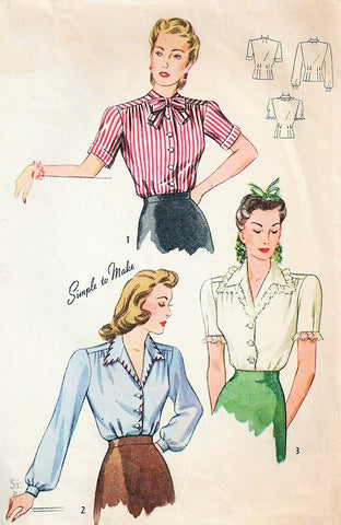 40s FAB War Time Era Blouse Pattern SIMPLICITY 4356 Three Pretty Styles Bust 32 Vintage Sewing Pattern