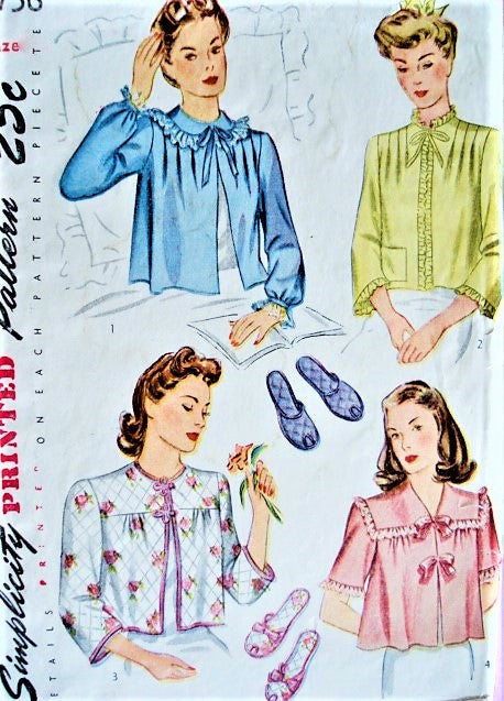 40s WW II PRETTY Bed Jackets and Slippers Pattern SIMPLICITY 4756  Four Glam Styles Bust 32 Vintage Sewing Pattern