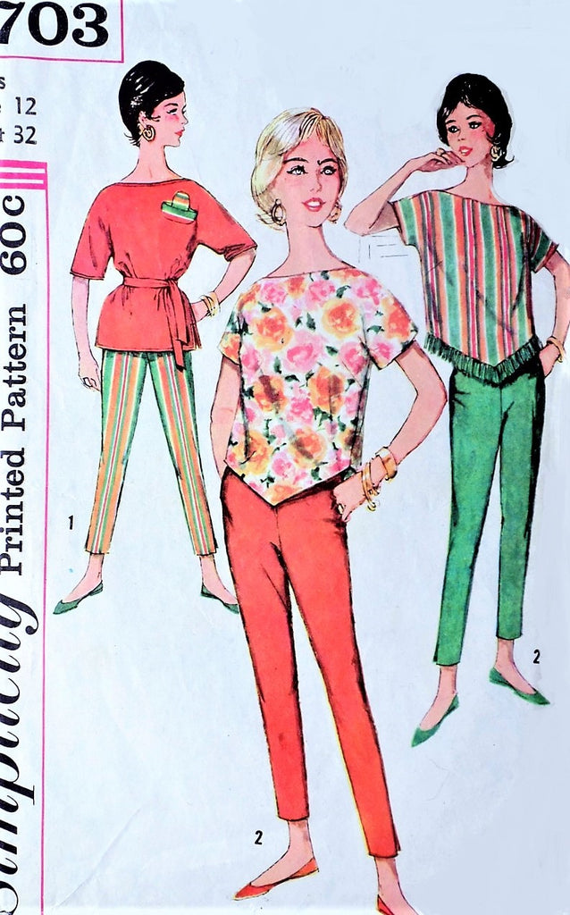 1960s RETRO Ultra Slim Pants and Over Blouse Top Pattern SIMPLICITY 3703 Cute Bateau Tops Cigarette Pants Bust 32 Vintage Sewing pattern +Transfer UNCUT