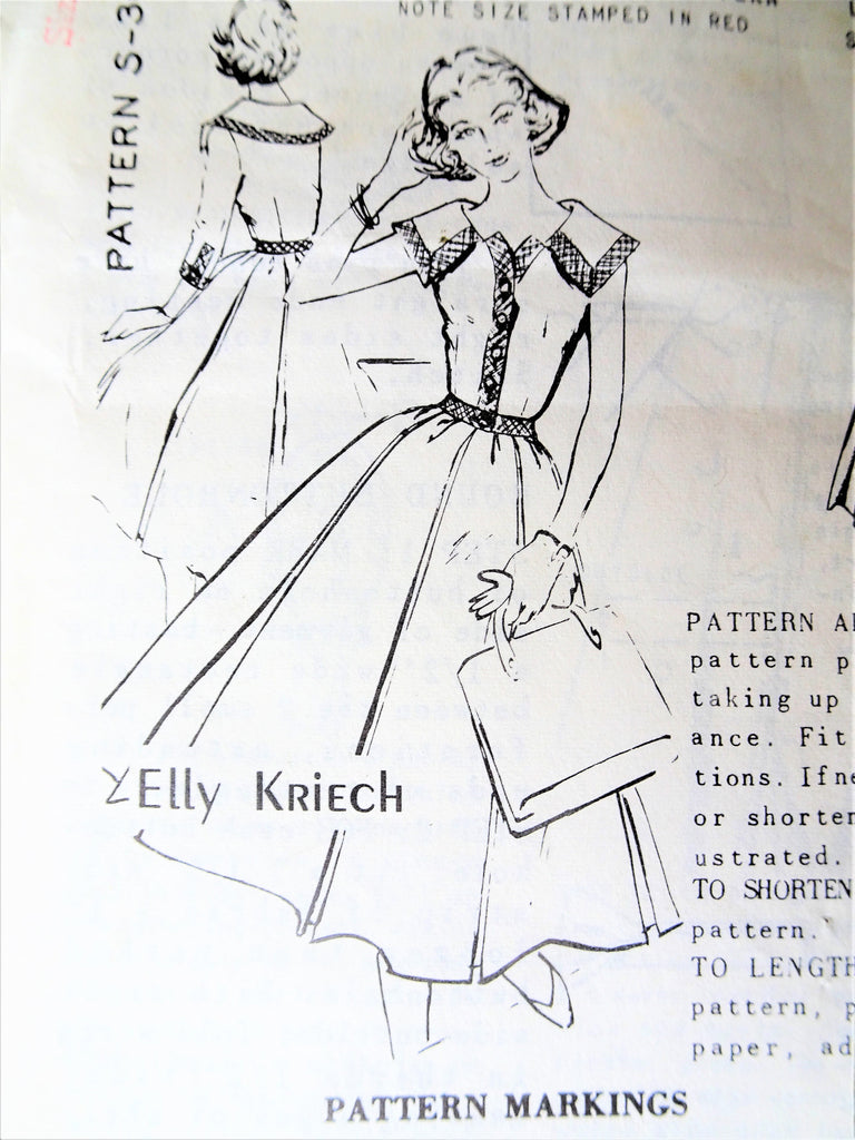 1950s LOVELY Full Skirt Dress Pattern SPADEA 308 Elly Kriech Designer Lovely Neckline Box Pleated Dress Bust 34 Vintage Sewing Pattern