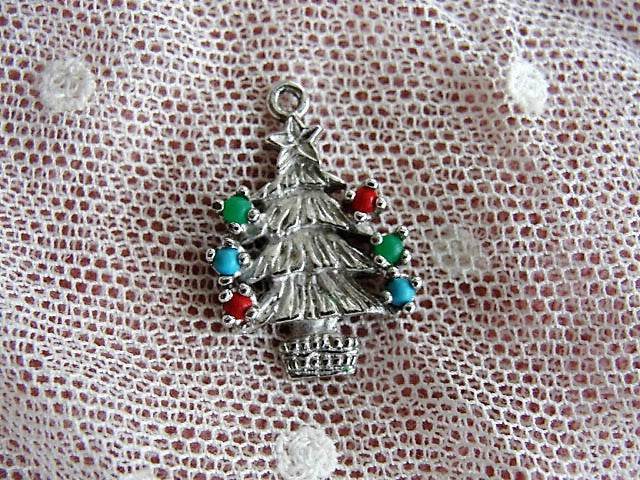 LOVELY Vintage Sterling Silver Christmas Tree Charm Decorated Christmas Holiday Tree Charm With Stones Sterling Silver Charm for Bracelet Collectible Vintage Silver Charms