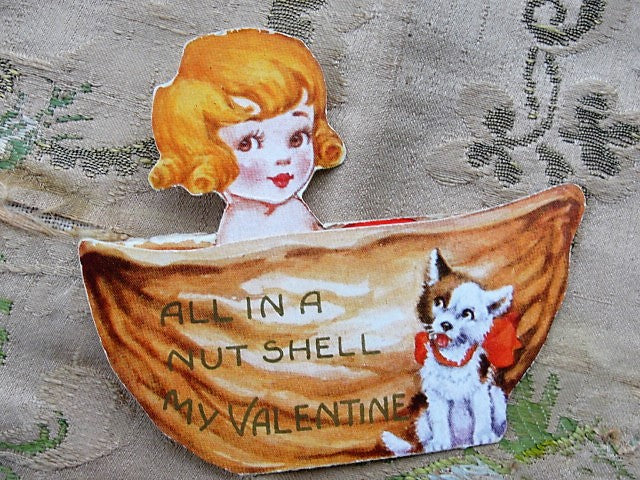 1920s SWEET Original Valentine Girl In Nut Shell Vintage