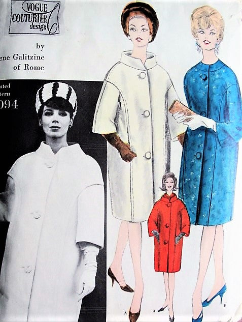 60s Galitzine Elegant Coat Pattern Vogue Couturier Design 1094 High Fashion Bulky Coat Day or Evening 2 Styles Bust 32 Vintage Sewing Pattern