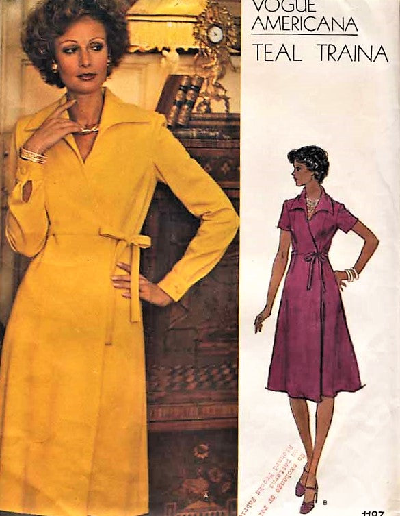 1970s STYLISH Teal Traina Side Wrap Dress Pattern VOGUE AMERICANA 1187 Bust 32 Vintage Sewing Pattern