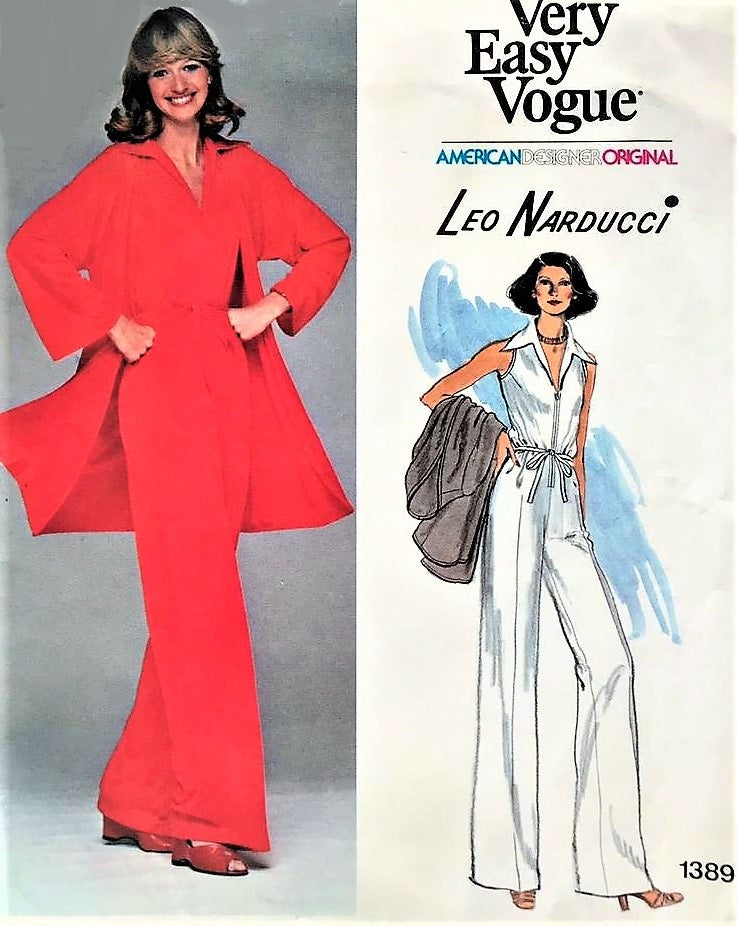 70s FAB Jumpsuit and Jacket Pattern Vogue American Design 1389  Zip-Front Jumpsuit Long Cardigan Jacket Bust 36 Very Easy Vintage Sewing Pattern