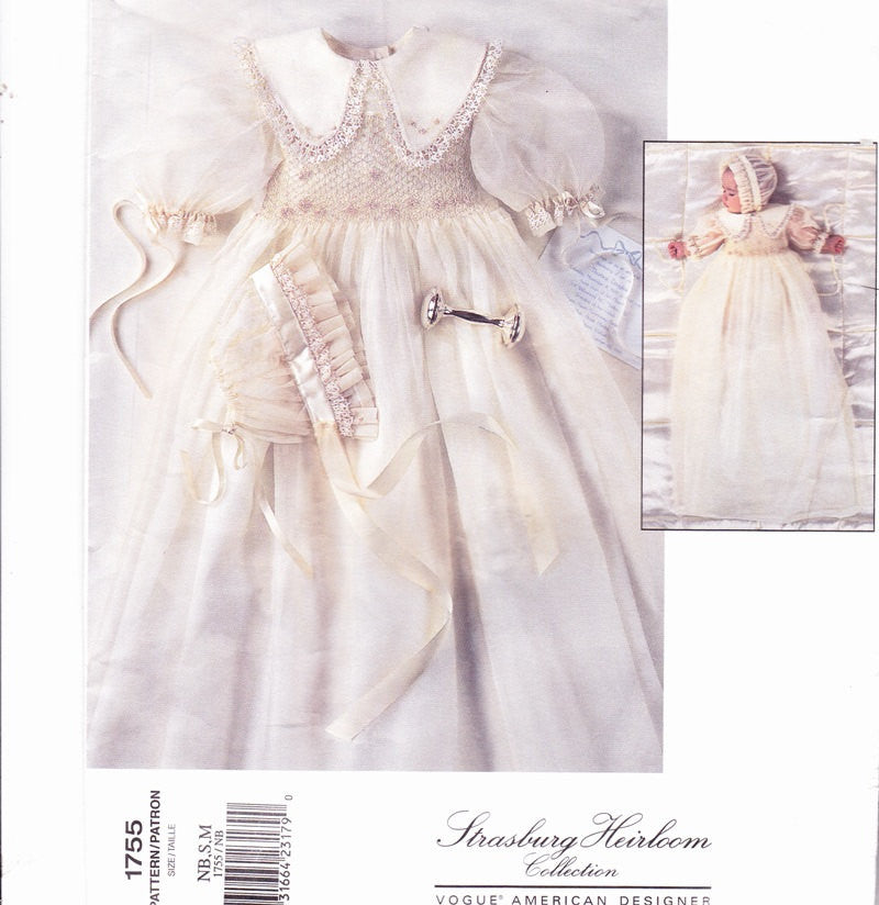 BEAUTIFUL Vintage Baby Babies New Born Christening Gown and Bonnet Cap Pattern Vogue 1755 Strasburg Heirloom Collection Lovely SMOCKED Bodice  Sizes NewBorn,S,M Vintage Sewing Pattern UNCUT