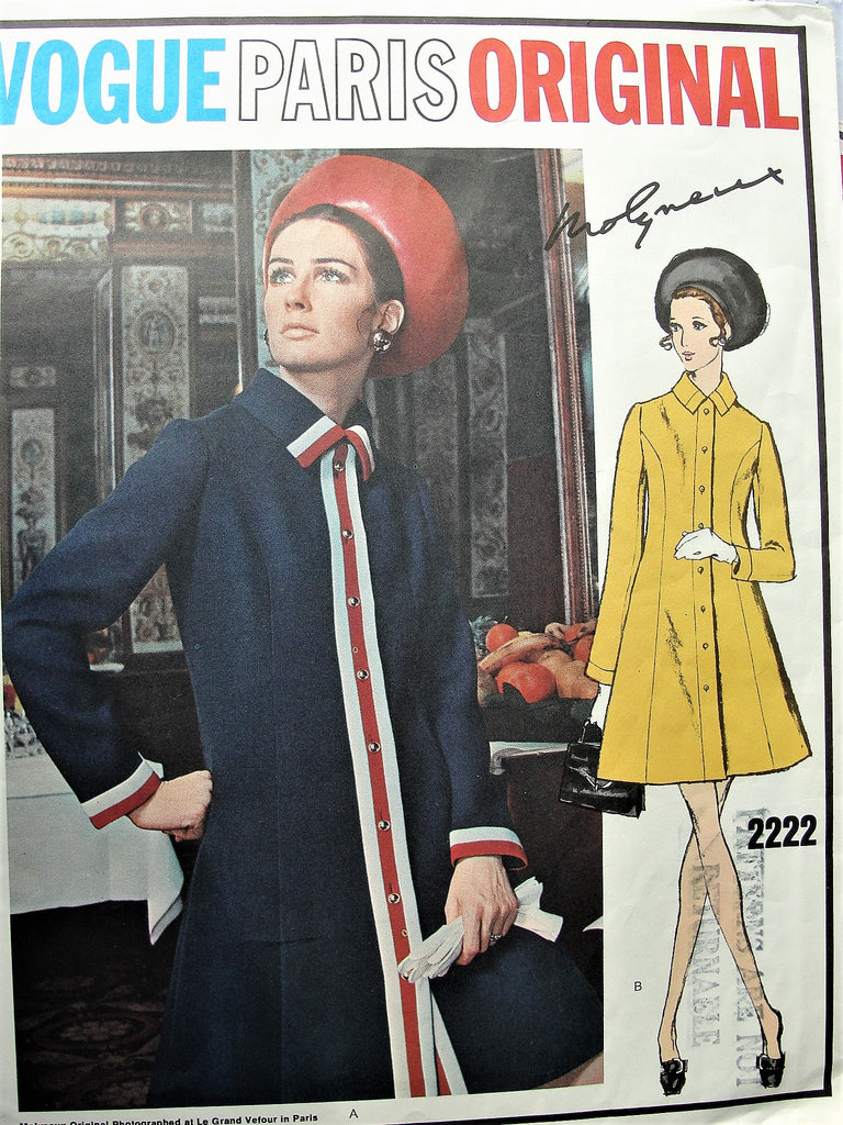 60s MOLYNEUX Coat Dress Pattern VOGUE Paris Original 2222 Stylish Semi Fitted A Line Dress Bust 34 Vintage Sewing Pattern
