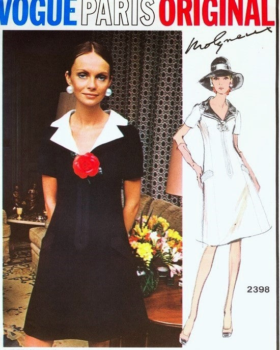 70s MOLYNEUX Lovely Dress Pattern VOGUE PARIS Original 2398 V Neckline A Line Lovely Notched Collar Bust 36 Vintage Sewing Pattern UNCUT