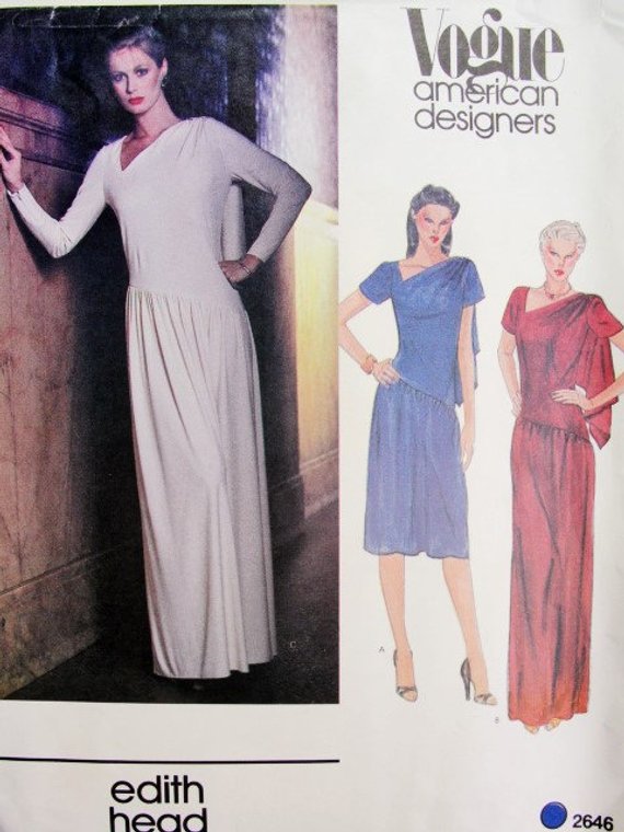 70s Classy EDITH HEAD Dress or Gown Pattern Vogue American Designer Original 2646 Disco Regular or Maxi Length Vintage Sewing Pattern B 34