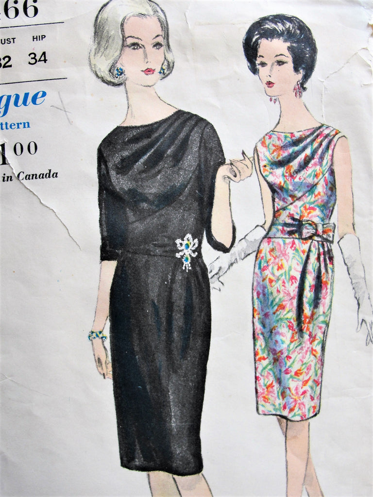60s CLASSY Cocktail Party Dinner Dress Pattern VOGUE 5466 Stunning Draped Bodice and Front Drapery Bust 32 Vintage Sewing Pattern