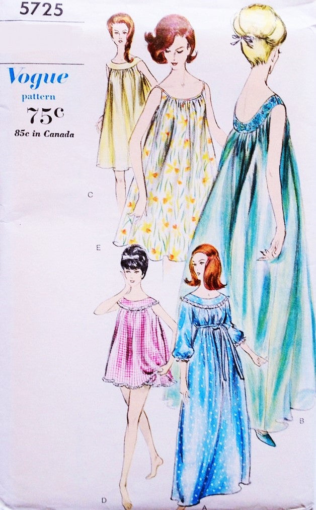 1960s VOGUE 5725 Goddess Nightgown and Panties Pattern Baby Doll Pajamas 5 Styles Vintage Sewing Pattern Bust 36