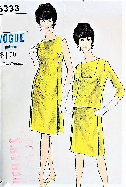 60s MOD Shift Dress and Overblouse Pattern VOGUE 6333 Easy Day to Evening Dress Vintage Sewing Pattern Bust 36