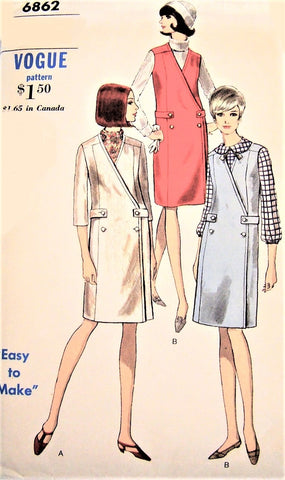 1960s MOD Easy To Make Jumper or Dress and Blouse Pattern VOGUE 6862 Smart Double Breasted Style, Button Back Blouse Bust 32 Vintage Sewing Pattern FACTORY FOLDED